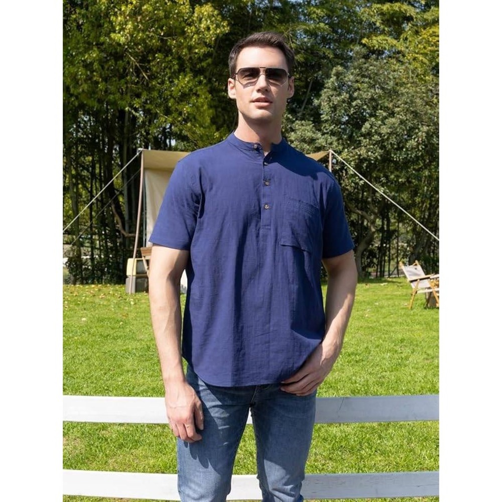 Unbranded Henley Shirt Men XL Navy Blue‎ Mandarin Collar Short Sleeve Casual